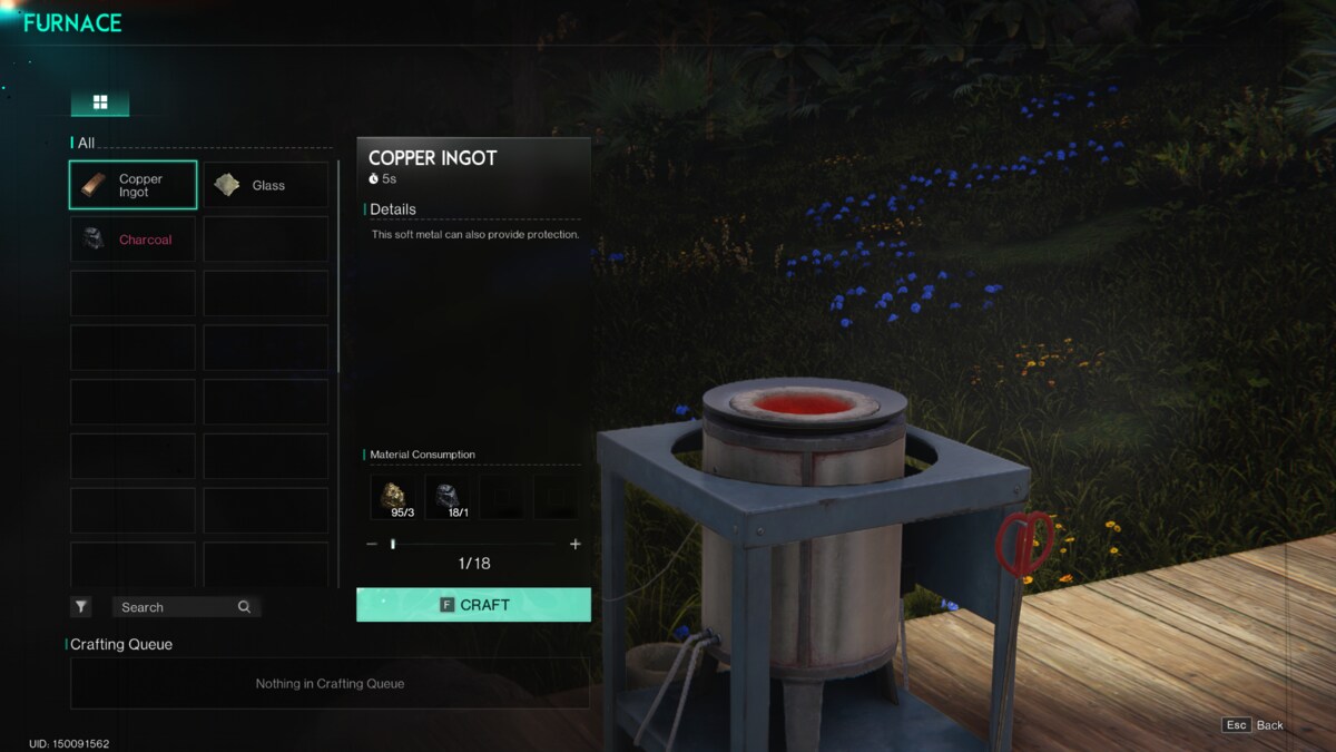 Once Human Copper: in-game furnace menu.