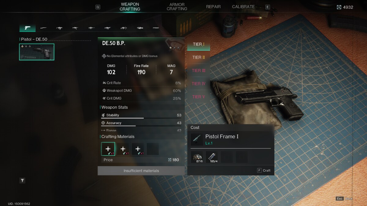 Once Human craft guns: gun crafting Gear Workbench menu.