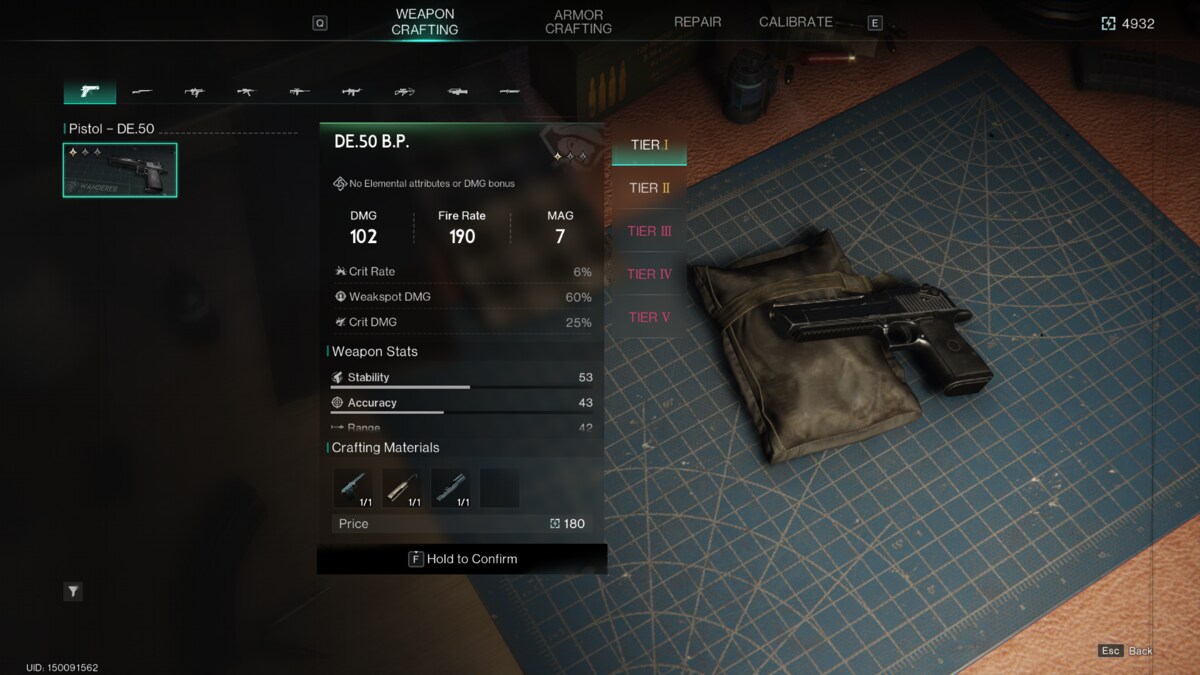 Once Human craft guns: gun crafting Gear Workbench menu.