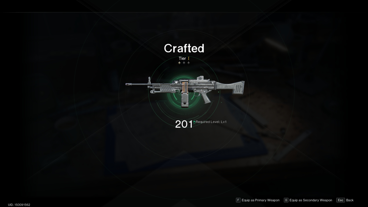 Once Human craft guns: gun crafting Gear Workbench menu.