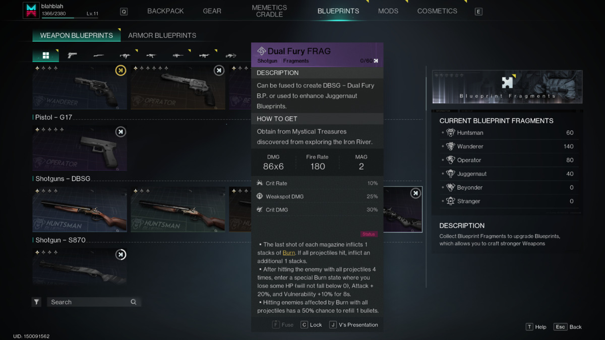 Once Human craft guns: Blueprints menu in the inventory.