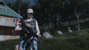 Once Human craft guns: meta-human carrying a gun near a house.