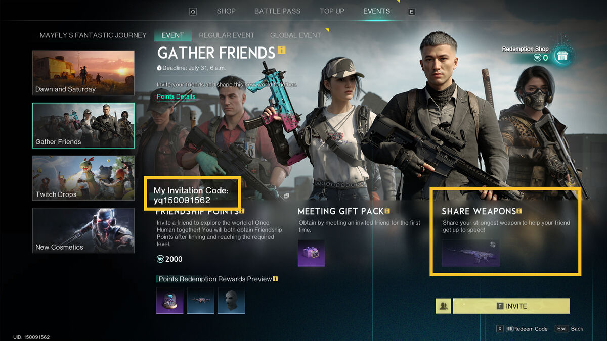 Once Human invite code: invite code screen.