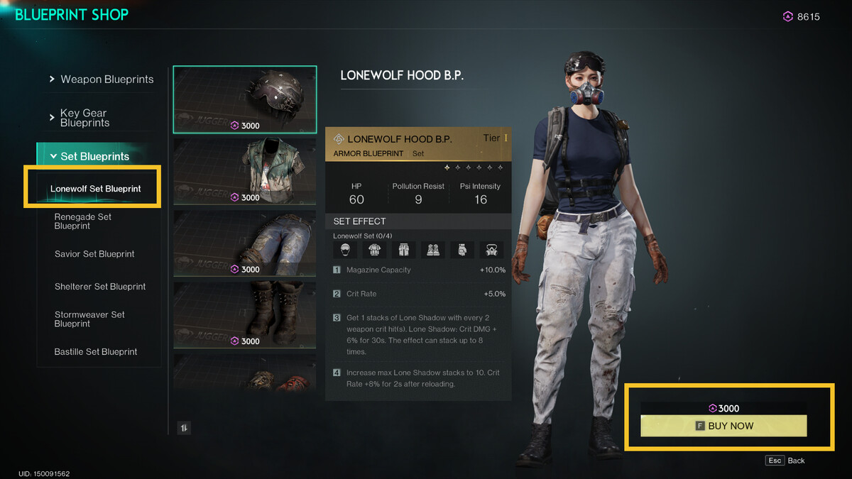 Once Human Lonewolf set: Wish Machine Blueprint Shop menu.
