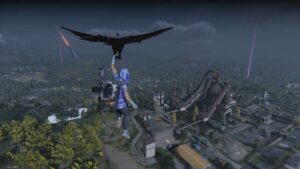 Once Human network error: A player gliding across a skyline in Once Human.