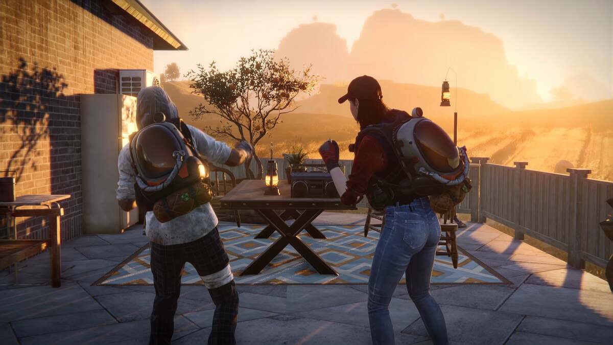 Once Human network error: Two players dancing on a balcony next to a picnic table during sunset.