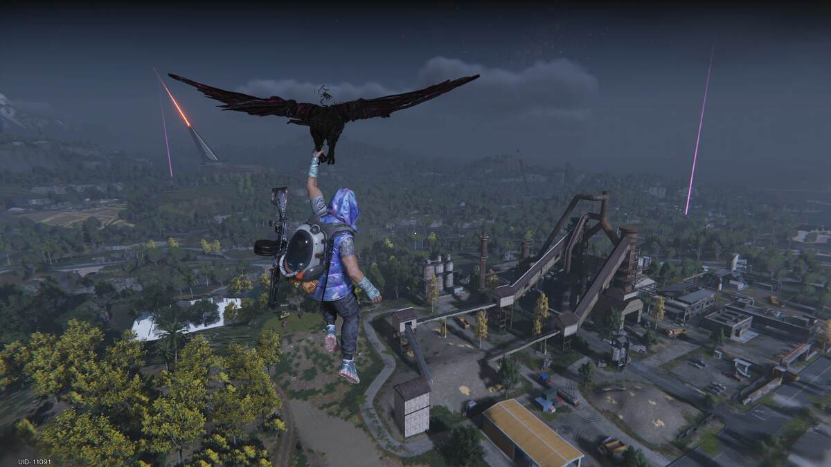 Once Human network error: A player gliding across a skyline in Once Human.
