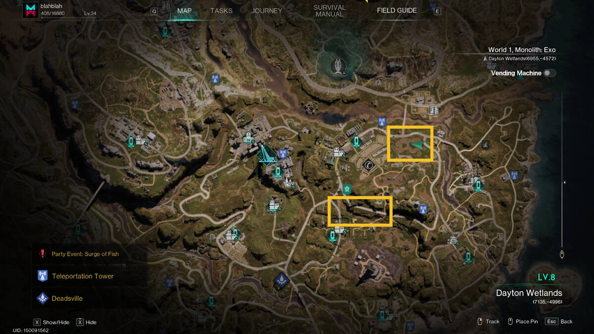 Once Human Scarlet Calamus: farming locations highlighted on the map.