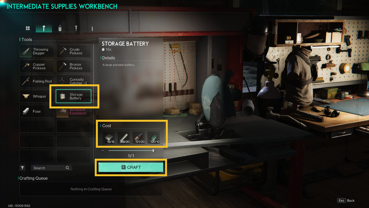 Once Human Storage Battery: in-game workbench crafting menu.