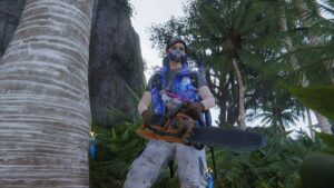Once Human Storage Battery: meta-human holding a chainsaw near a tree.