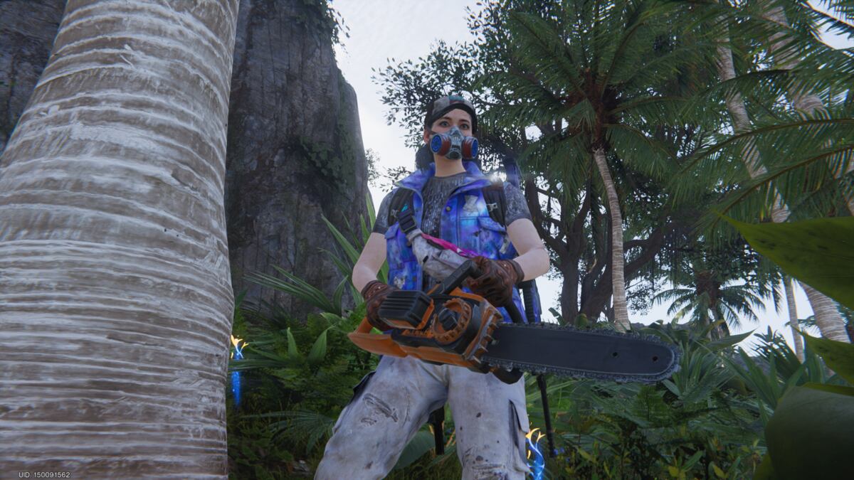 Once Human Storage Battery: meta-human holding a chainsaw near a tree.