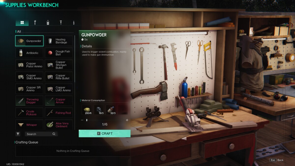 Once Human Sulfur: Supplies Workbench menu.