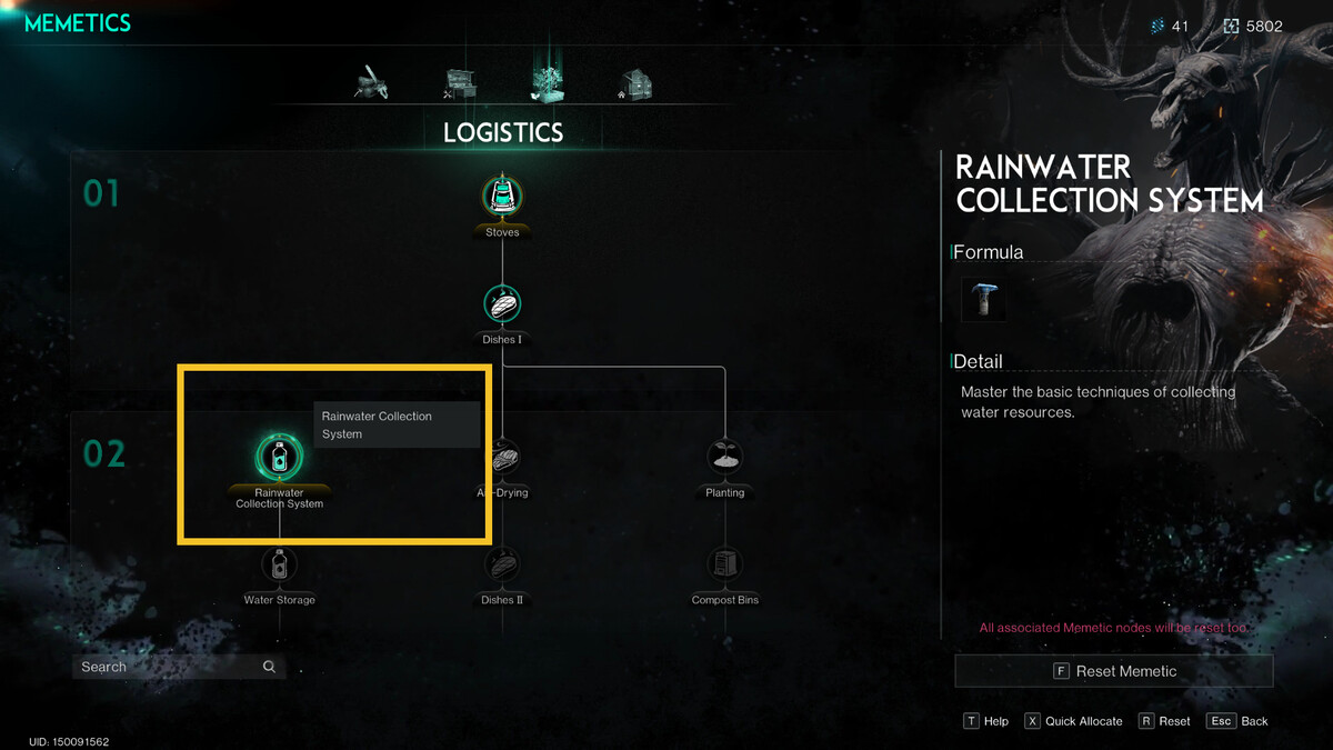 Once Human how to get drinking water: Rainwater Collection System in Memetic menu.