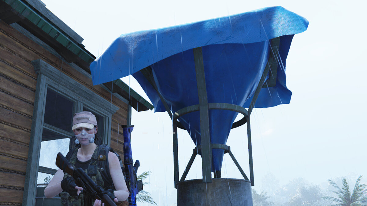 Once Human how to get drinking water: meta-human near a Rainwater Collection System.
