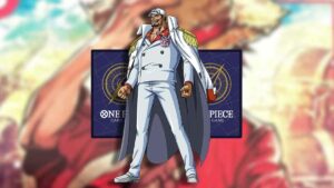 The anime character from One Piece is standing in front of a TCG ban list background.