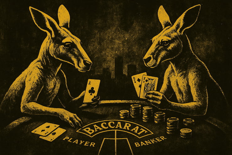Two kangaroos playing baccarat, symbolising online baccarat in Australia