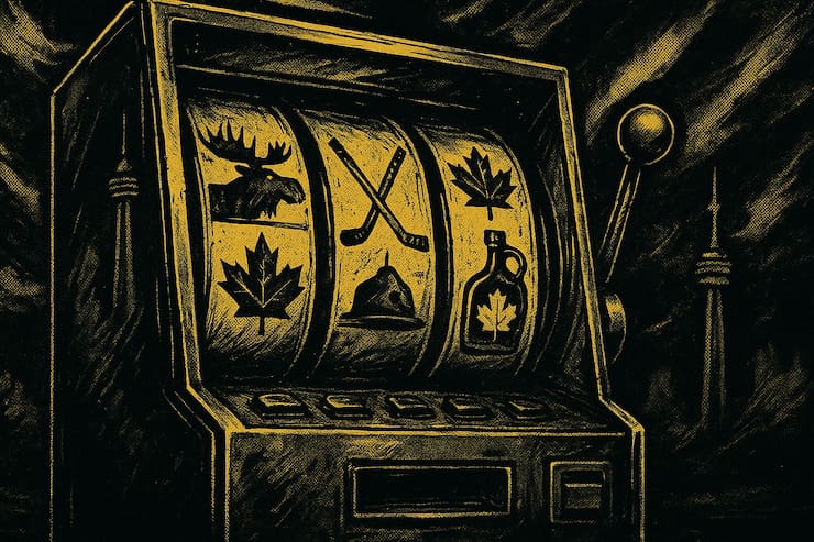 Slot machine with symbols of maple leaves, meese, and hockey sticks, representing online slots in Canada