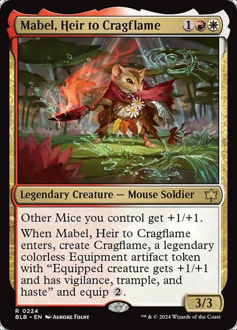 A fantasy trading card depicting "Mabel, Heir to Bloomburrow," an illustrated anthropomorphic mouse with magical fire abilities from a collectible card game.