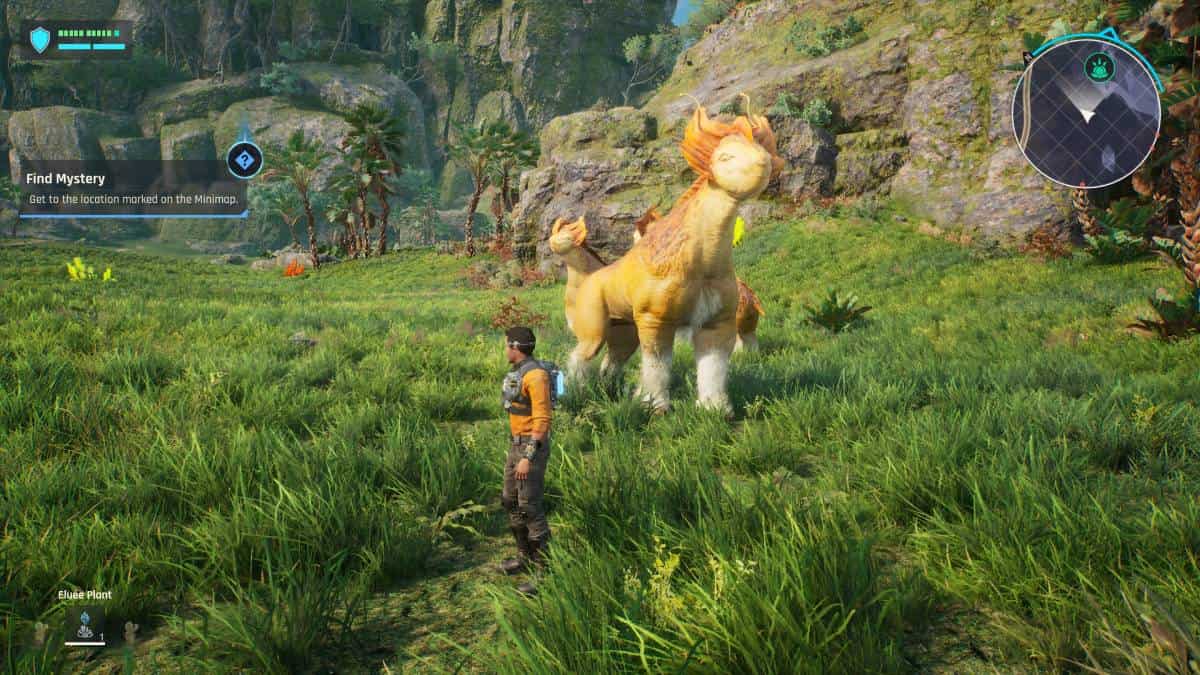 An outcast character in an orange suit stands beside a large, fantastical quadruped creature in a lush green environment within a video game.