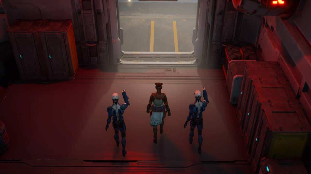 Three characters standing in an industrial-looking hallway facing a large, bright doorway in the "Outcast: A New Beginning" review.