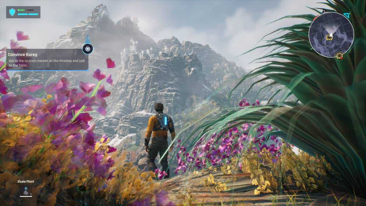 Outcast: A New Beginning review - A character with a rifle on their back looks towards a mountain range in a vibrant, futuristic game setting, with an objective marker in the distance.