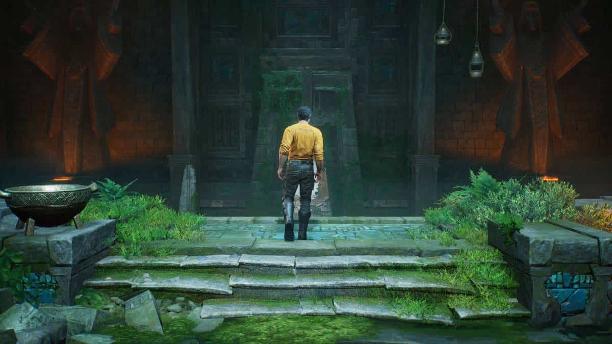 An outcast stands before an ancient doorway flanked by statues, contemplating an unseen mystery within.