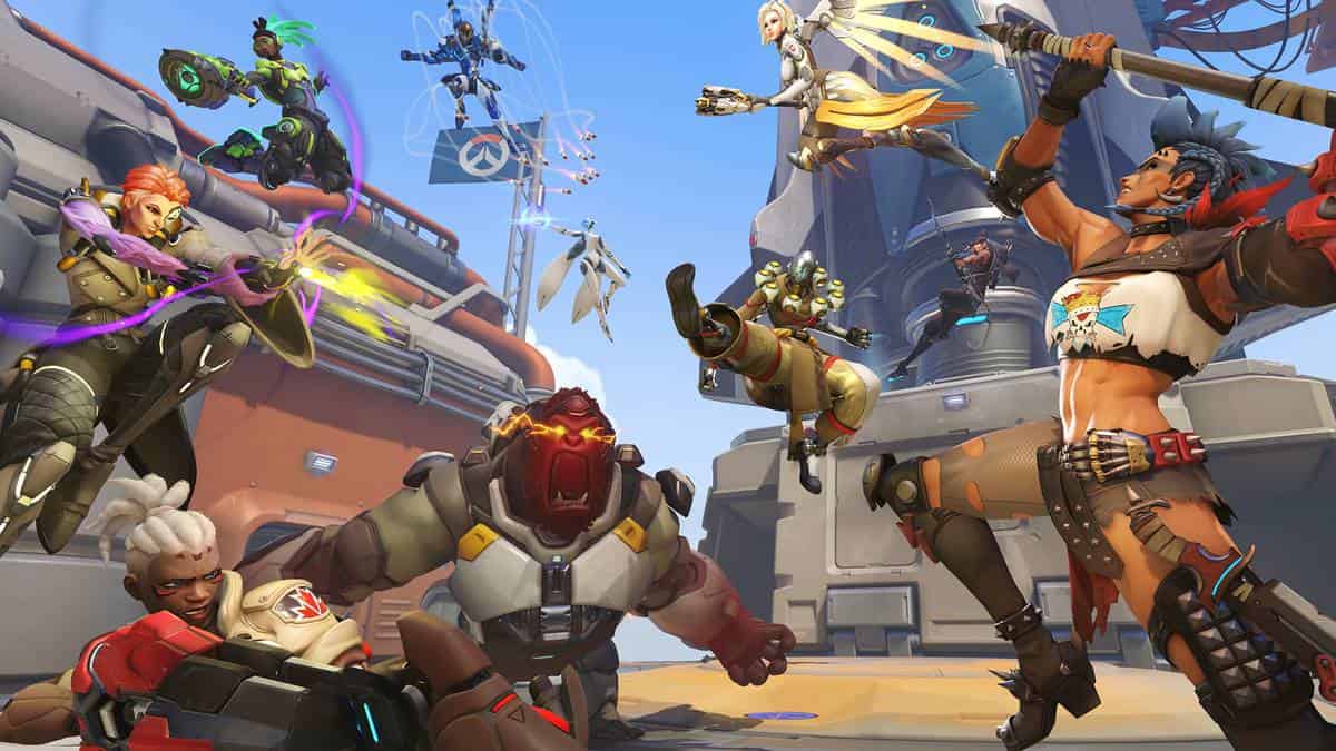 A group of characters in a game of Overwatch with the best graphics settings to boost FPS.