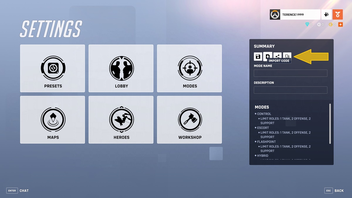 The import code option in the custom game menu in Overwatch 2.