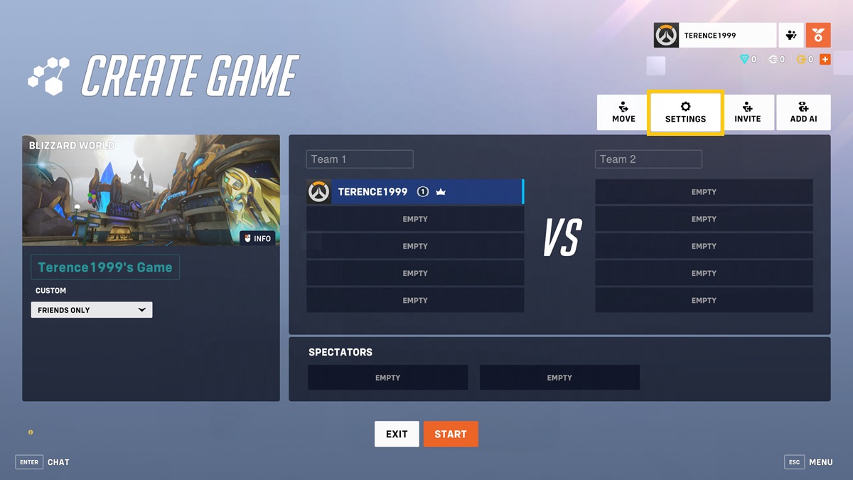 The settings option highlighted in the custom game menu in Overwatch 2.