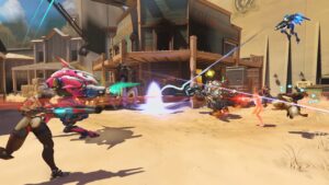 Heroes fighting on the Hollywood map in Overwatch 2