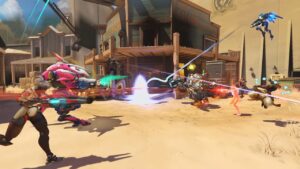 Heroes fighting on the Hollywood map in Overwatch 2