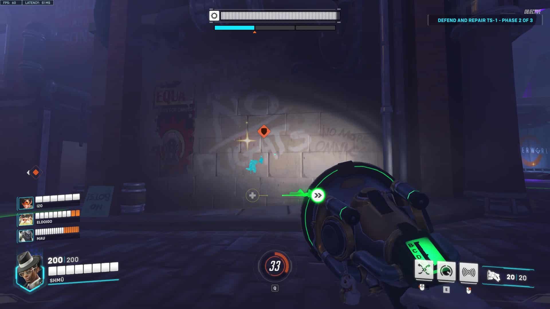 Overwatch 2 Underworld Lore Hunter: The location of the "Machines have no rights" graffiti interactable.