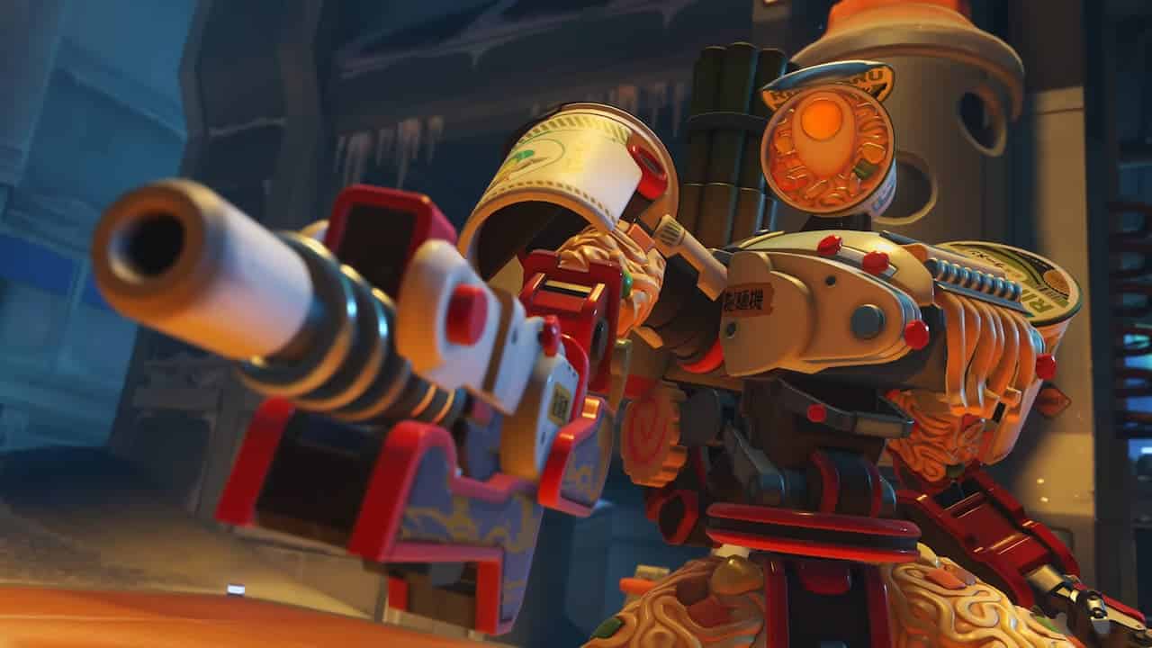 Bastion aims his gun in the Rikimaru Ramen skin