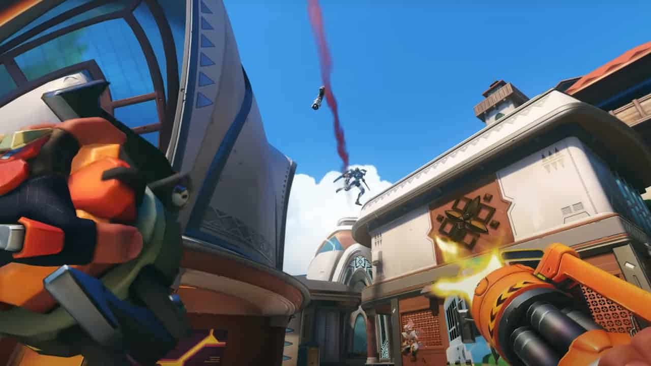 Overwatch 2 Season 8 start time and release date: A player shoots at another hero in mid-air who is throwing out a flare.