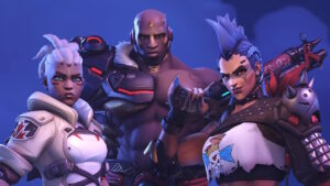 Overwatch 2 characters standing in front of a blue background.