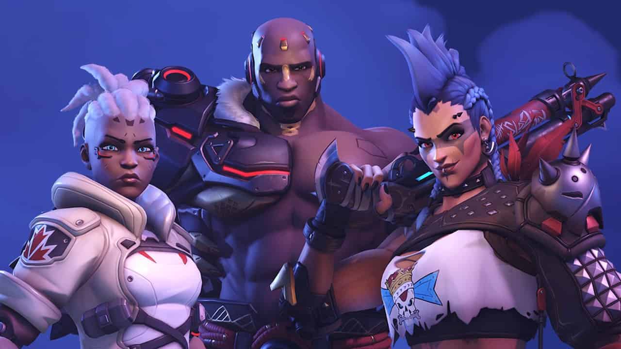 Overwatch 2 characters standing in front of a blue background.