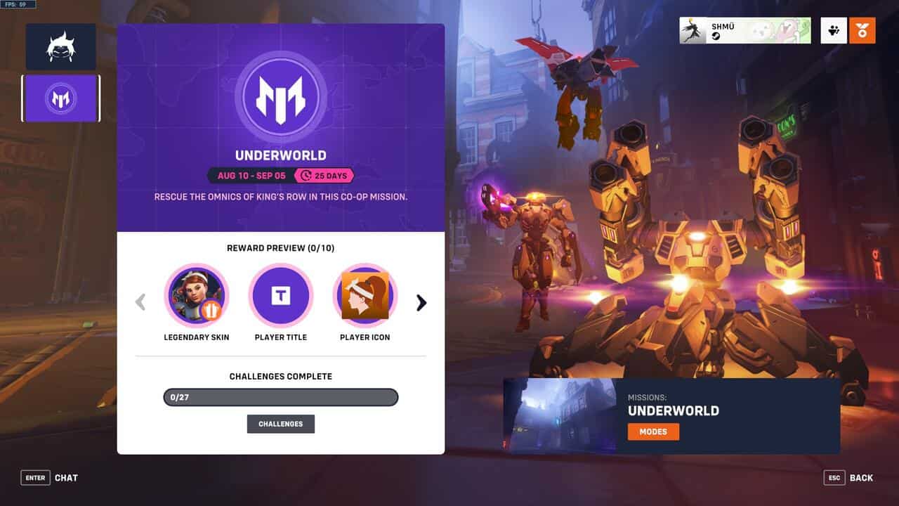 Overwatch 2 Underworld challenges: The main menu for the Underworld event.