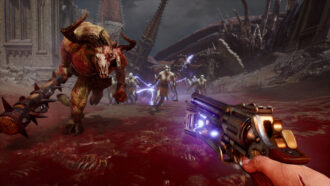 Painkiller preview: trio fighting a demon.