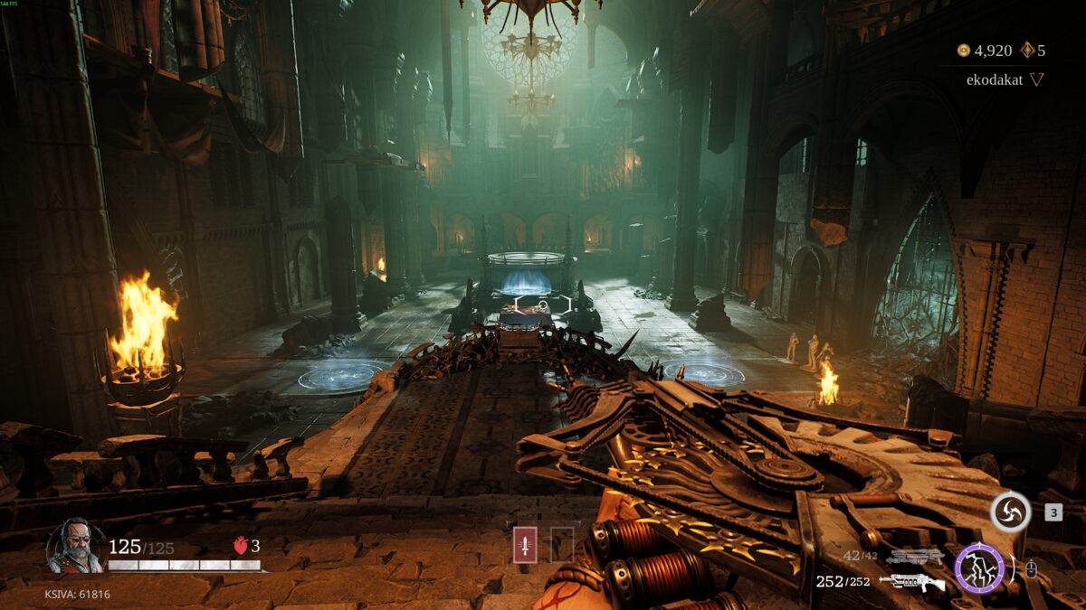 Painkiller preview: first-person view of a gun in a gothic cathedral.