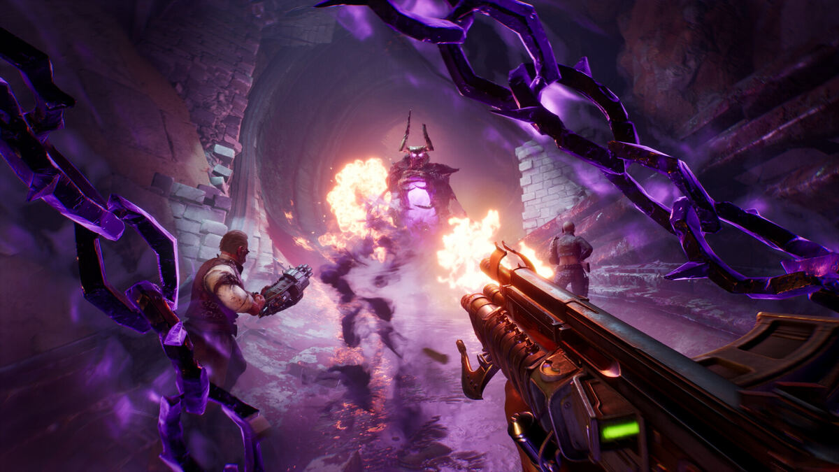 Painkiller preview: trio fighting a demon.