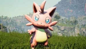A pink pokemon, known for its palworld achievements, standing in a grassy field.