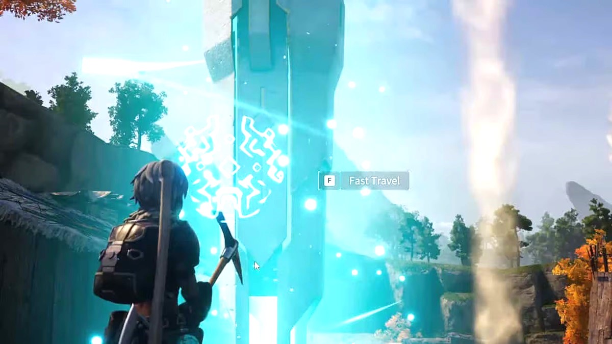 A player stands next to a fast travel point in Palworld.