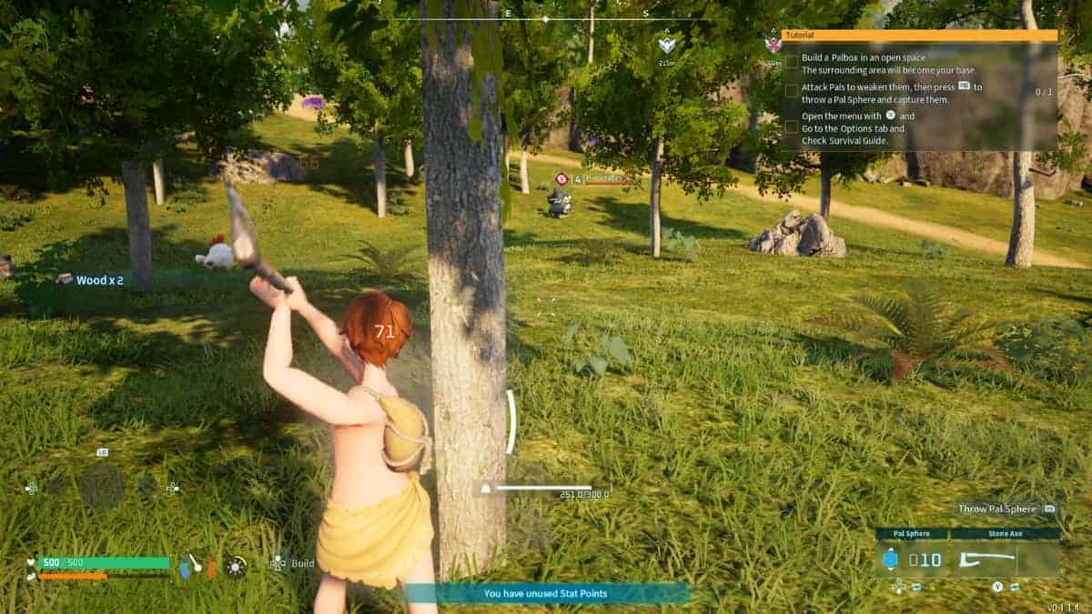 In the video game "Palworld," a woman wields a gun while actively participating in wood farming methods. This guide will show you how to get wood efficiently in Palworld.