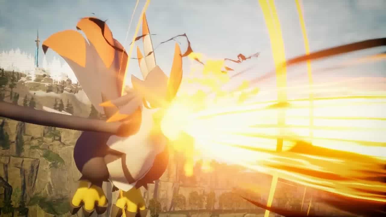 A flying bird Pal blasting fire from its beak in Palworld