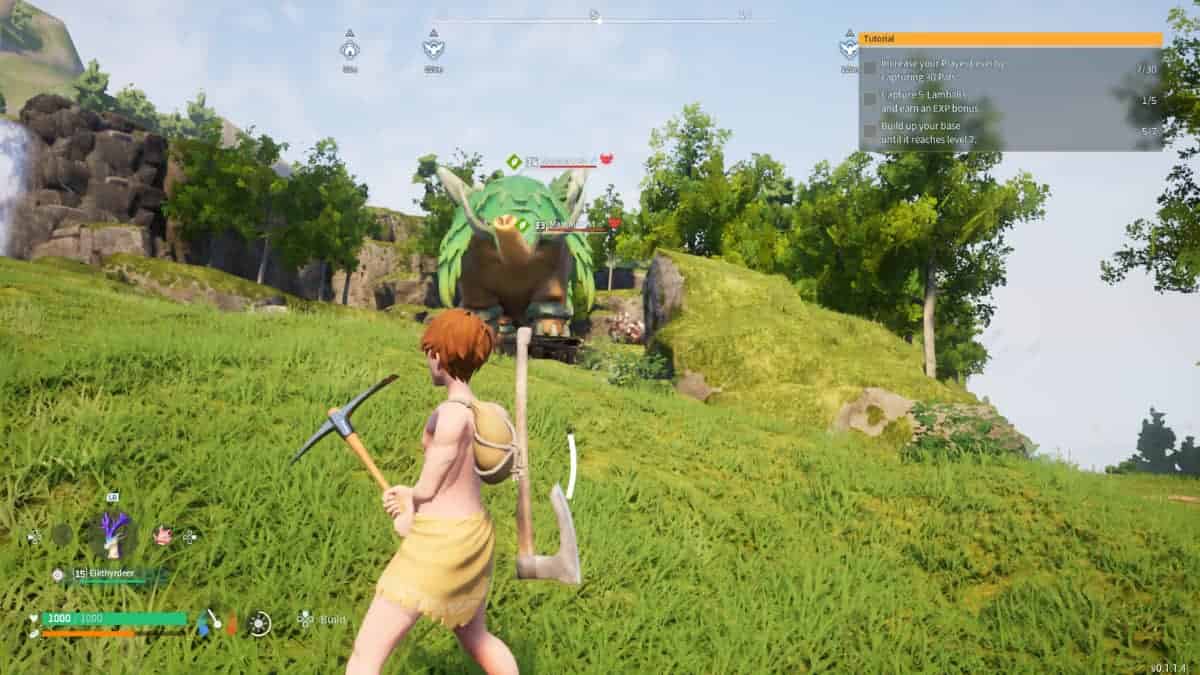 A palworld player is standing on a grassy field with a sword.