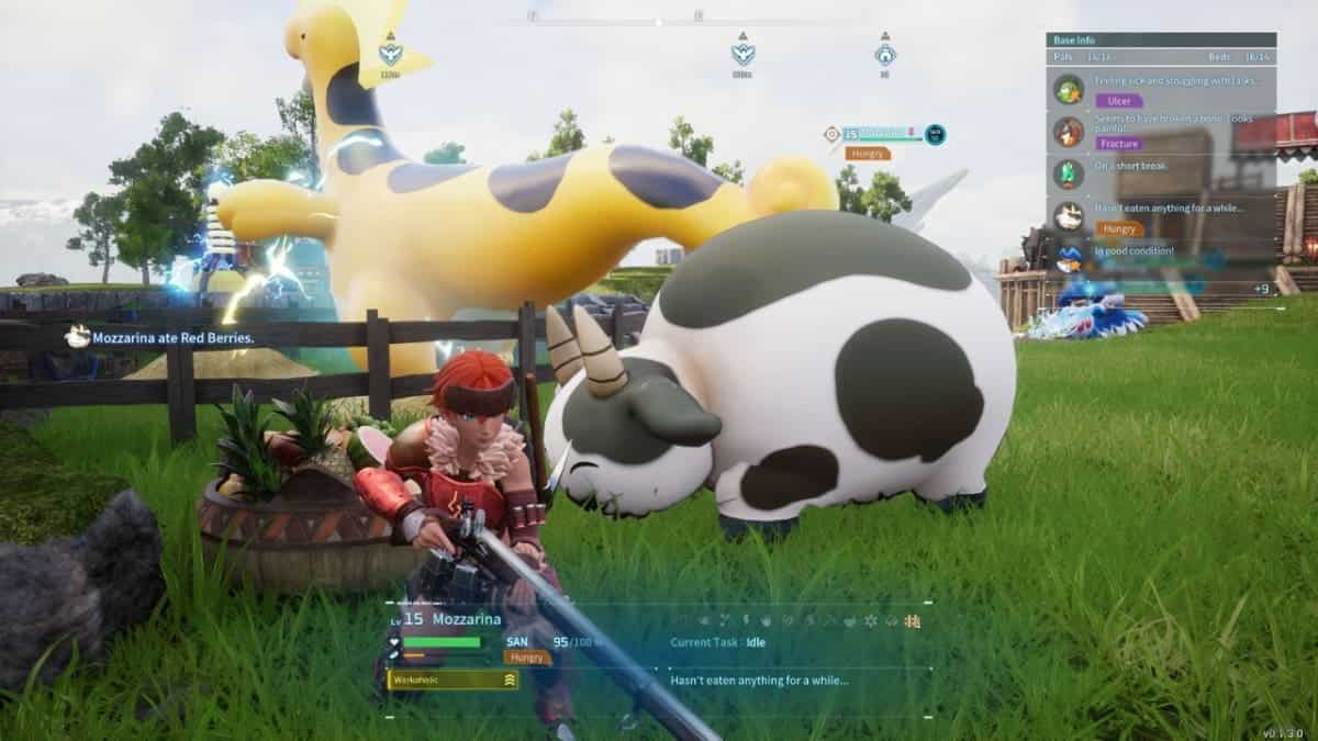A screenshot of the video game Palworld, featuring a cow in the grass.