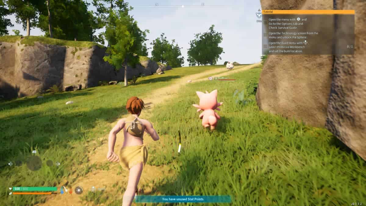 In the enchanting world of Palworld, join a spirited girl as she dashes along a scenic path, accompanied by the delightful presence of a playful pig.