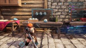 In the video game Palworld, a woman is standing in front of a table, demonstrating how to farm Pal Spheres.