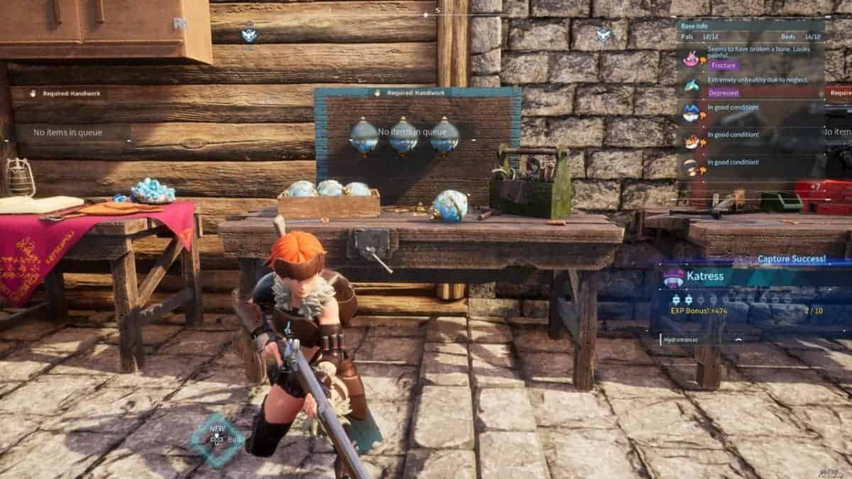In the video game Palworld, a woman is standing in front of a table, demonstrating how to farm Pal Spheres.