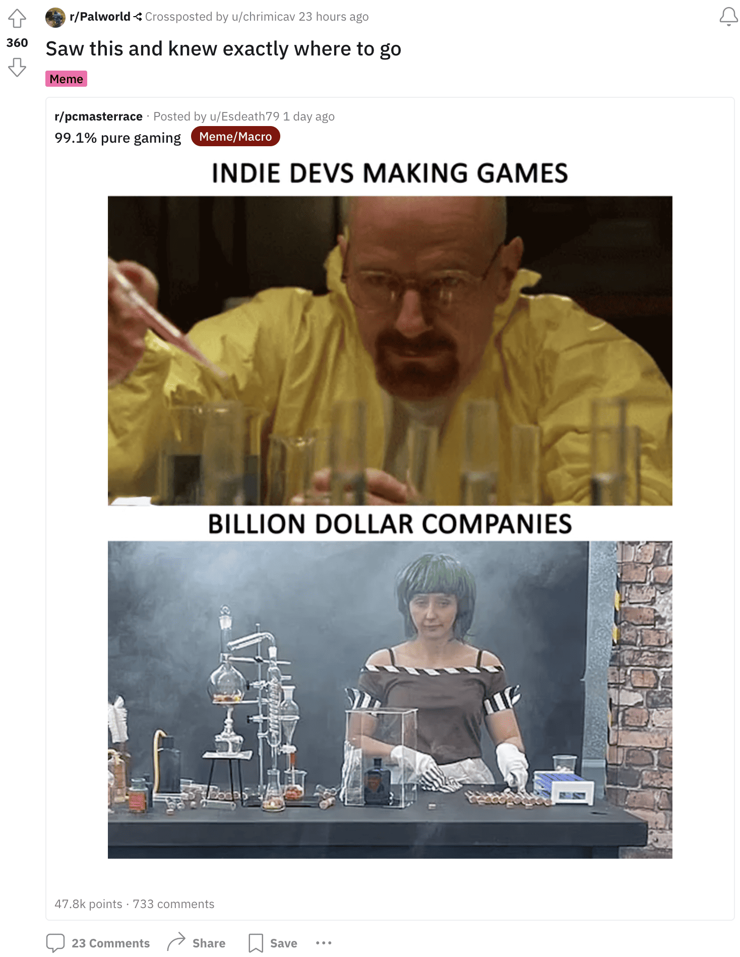 A tumblr featuring a man and a woman in a lab, where Palworld developers are praised over major studios.